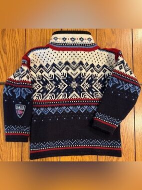 DALE NORWAY Snowflake wool quarter zip sweater, size 2, navy/red, unisex